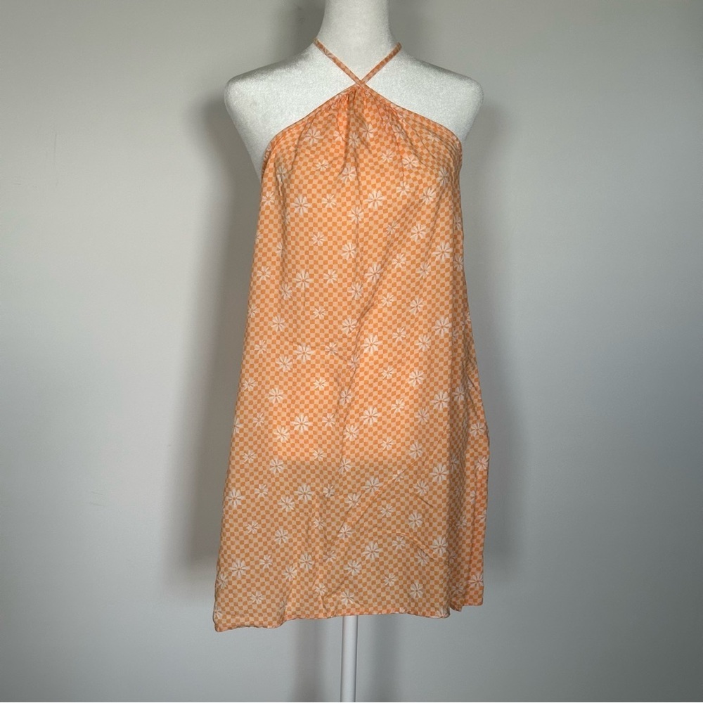 SO Orange Checkered Floral Print High Neck Mini Dress Cottagecore Summer XS - Picture 5 of 6